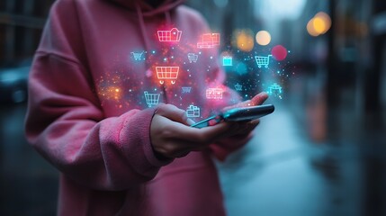  Smart retail technology and omnichannel concept. A person touching retail marketing icon on the virtual screen for channel E-commerce shopping. online retail shopping and omni-digital app design 