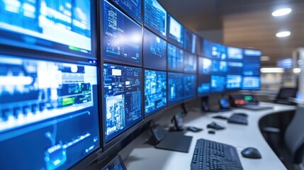 Modern factory control room, multiple screens monitoring operations, high-tech environment