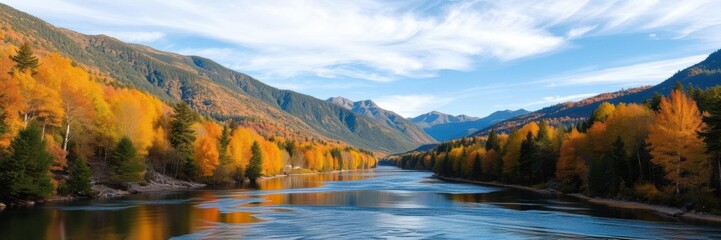 Vibrant autumn foliage covering the mountainside, with a clear blue sky above and a winding river below, mountains, beauty