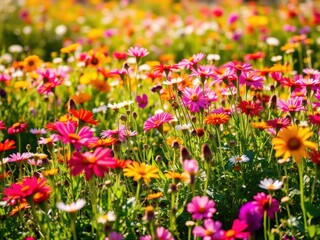 Obraz premium Vibrant flower field in bright sunlight, showcasing a variety of colorful blooms in a lush garden setting, blooms, spring