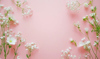 Obraz premium Flat lay of white flowers arranged on a pink background, creating a frame with copy space in the center.