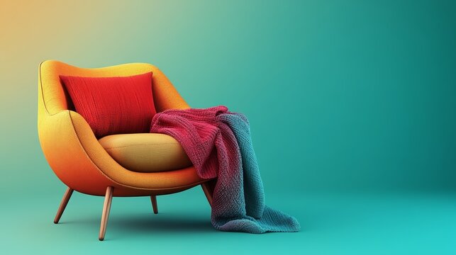 A yellow armchair with a red pillow and a blue blanket on a blue background.