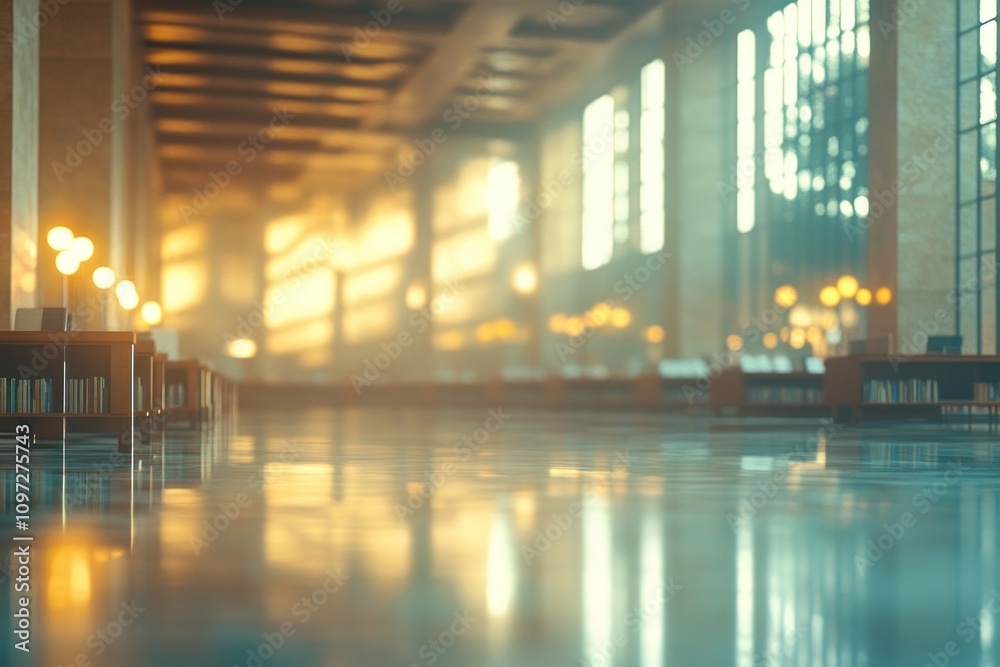 Poster Sunbeams stream through the windows of a grand library, illuminating the rows of bookshelves and tables.