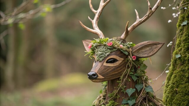 A charming deer mask embellished with delicate antlers made of twigs and vines adorned with tiny flowers and moss for a woodlandinspired look.