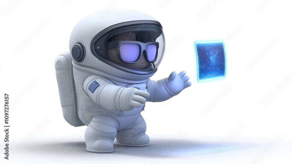 Poster cartoon astronaut in a spacesuit holding a glowing screen with an interactive map of the universe.