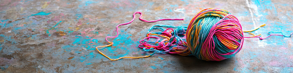 A ball of colorful yarn, unspooling onto a dirty floor, with twists and tangles everywhere.
