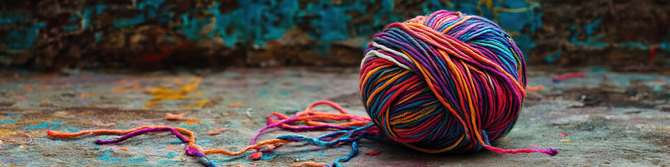 A ball of colorful yarn, unspooling onto a dirty floor, with twists and tangles everywhere.