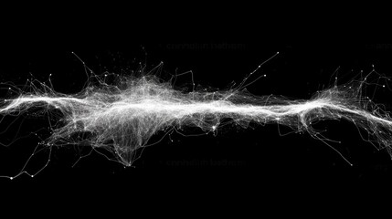 Abstract white particles and lines forming a wavy shape on a black background.