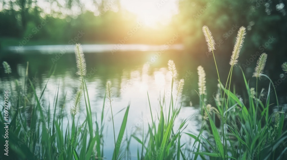 Aufkleber A tranquil scene with tall grass and water reflecting the setting sun.
