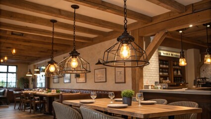 Vintageinspired pendant lights hang above the table their soft illumination creating an inviting atmosphere while the ceiling beams in warm wood provide structure and a touch of