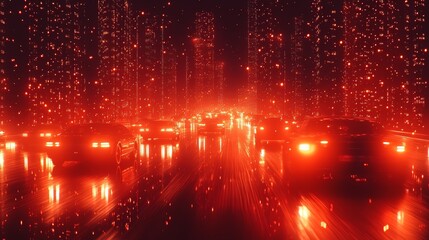 Fototapeta premium Cars drive on a highway at night with glowing red lights and buildings in the background.