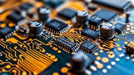 Close-up of a circuit board with integrated circuits, capacitors, and traces.