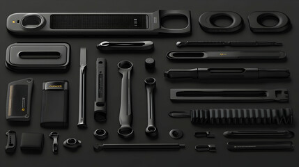 Fototapeta premium Flat lay of various black tools and parts arranged on a dark surface.