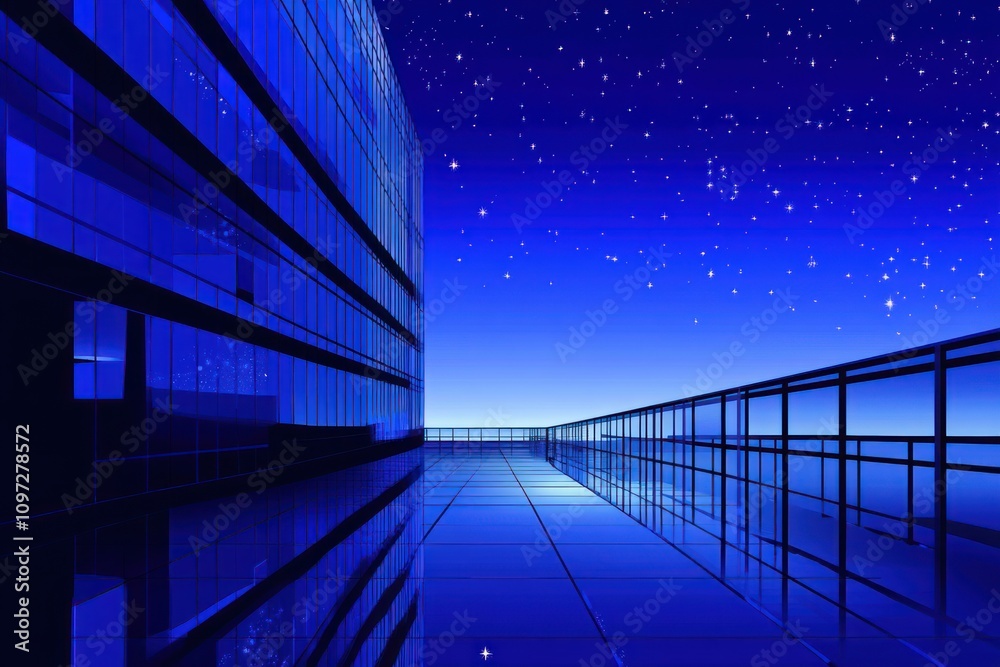 Poster night cityscape with modern building and a balcony with a view of the starry sky.