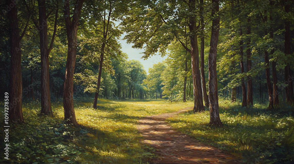 Aufkleber sunlight filters through the trees onto a path winding through a lush green forest