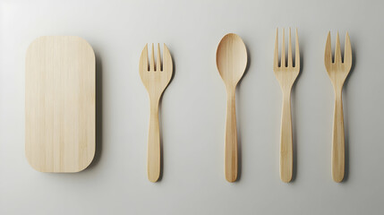 Flat lay of wooden plate, spoons, and forks on white background.