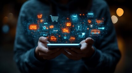  Smart retail technology and omnichannel concept. A person touching retail marketing icon on the virtual screen for channel E-commerce shopping. online retail shopping and omni-digital app design 