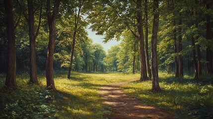 Obraz premium Sunlight filters through the trees onto a path winding through a lush green forest