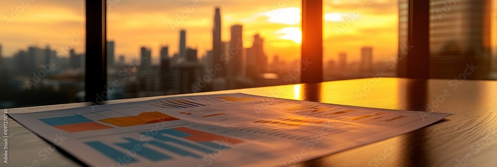 Poster a sunset view of a city skyline with business charts on a table in the foreground.