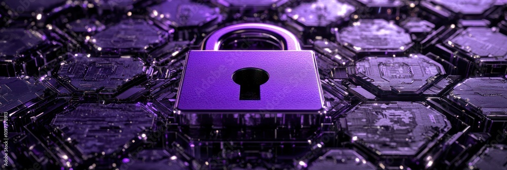 Aufkleber a purple padlock on a hexagonal digital background, symbolizing cybersecurity and protection.