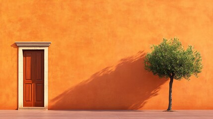 Colorful Orange Wall with Door and Tree