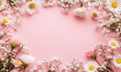Obraz premium Pink background with white daisies and baby's breath forming a frame. Perfect for spring or summer designs, invitations, or cards.