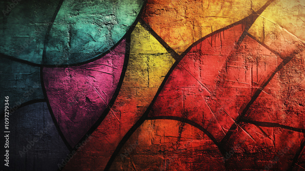Aufkleber abstract design showcased on a textured brick wall using graffiti art to create a vibrant stained gl