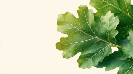 Fototapeta premium Green oak leaves on a white background with copy space.