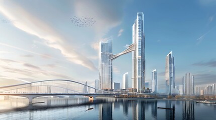 Largescale structural engineering projects coastal regions featuring glass skyscrapers and modern bridges