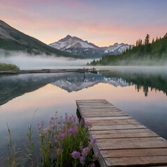 日の出の静かな山の湖