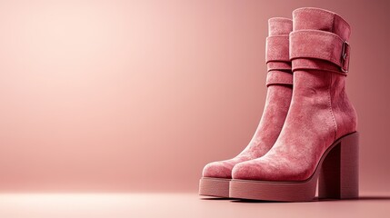 Pair of pink suede heeled ankle boots with a platform sole, set against a pink background.