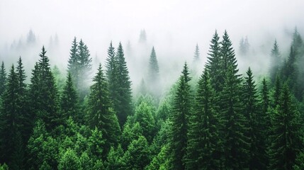 Fototapeta premium Foggy forest landscape with pine trees