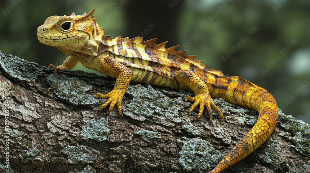 Poster boyd's forest dragon resting on a tree branch in a rainforest environment, displaying vibrant colors