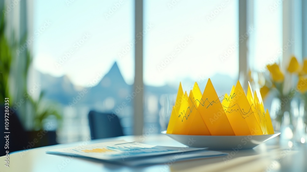 Poster a decorative yellow crown sits on a table with a scenic view in the background.