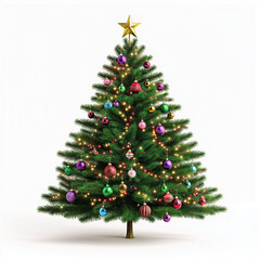 Fototapeta premium Traditional Christmas Tree with Ornaments and Star Topper, isolated background, holiday & seasonal