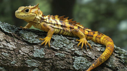 Obraz premium Boyd's forest dragon resting on a tree branch in a rainforest environment, displaying vibrant colors and intricate scales