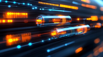 Obraz premium Two futuristic capsules with orange glowing digital lines moving along a dark, abstract background.