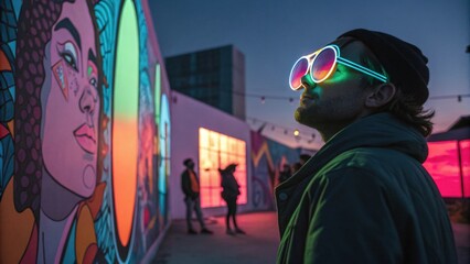 Obraz premium An artist stands amidst their colorful artwork sporting large neonreflective glasses that capture the soft lighting and nearby neon shapes. The glasses become a canvas themselves