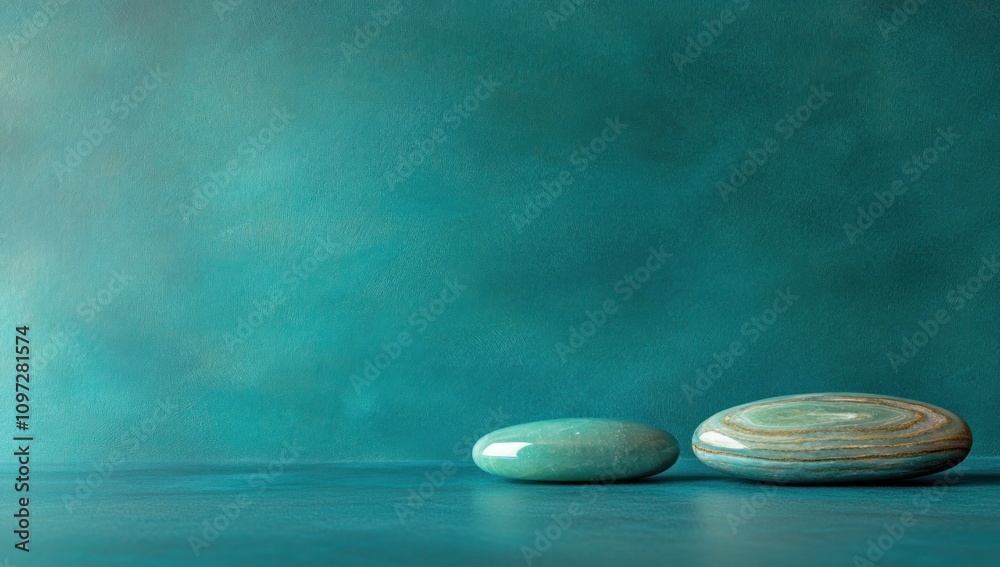 Poster Two smooth stones on a textured teal background, creating a serene and calming atmosphere.
