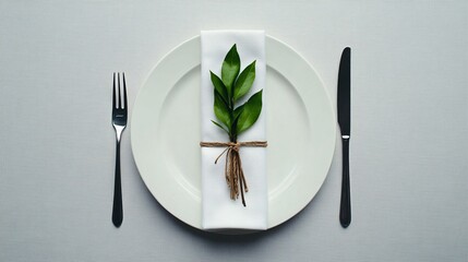 Minimalist table setting with leaves on a plate