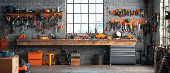 Equipment workshop background concept. A well-organized workshop with tools, storage cabinets, and a large workbench, illuminated by natural light from a window.