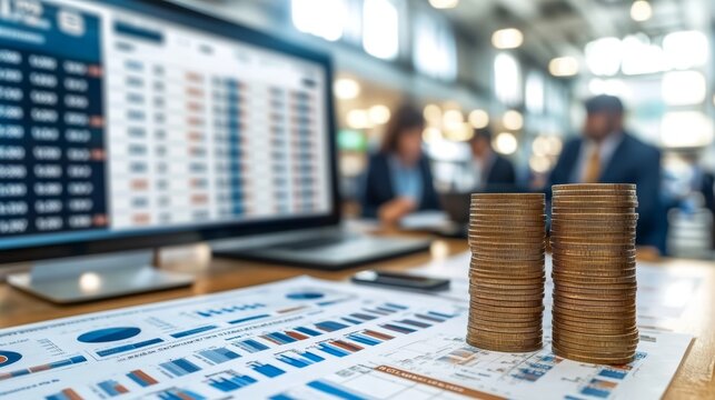 Two stacks of coins on a desk with financial charts and a computer screen in the background.