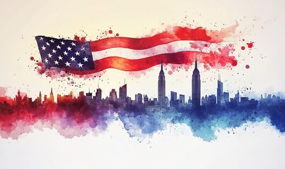 Watercolor painting of the New York City skyline with an American flag.