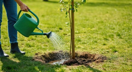 Adult person watering newly planted tree in garden
