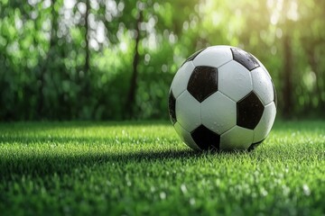 Fototapeta premium A soccer ball rests on a lush green field, ready for a game. - Generative AI