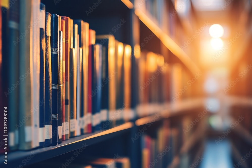 Aufkleber Rows of colorful books on a bookshelf in a library.
