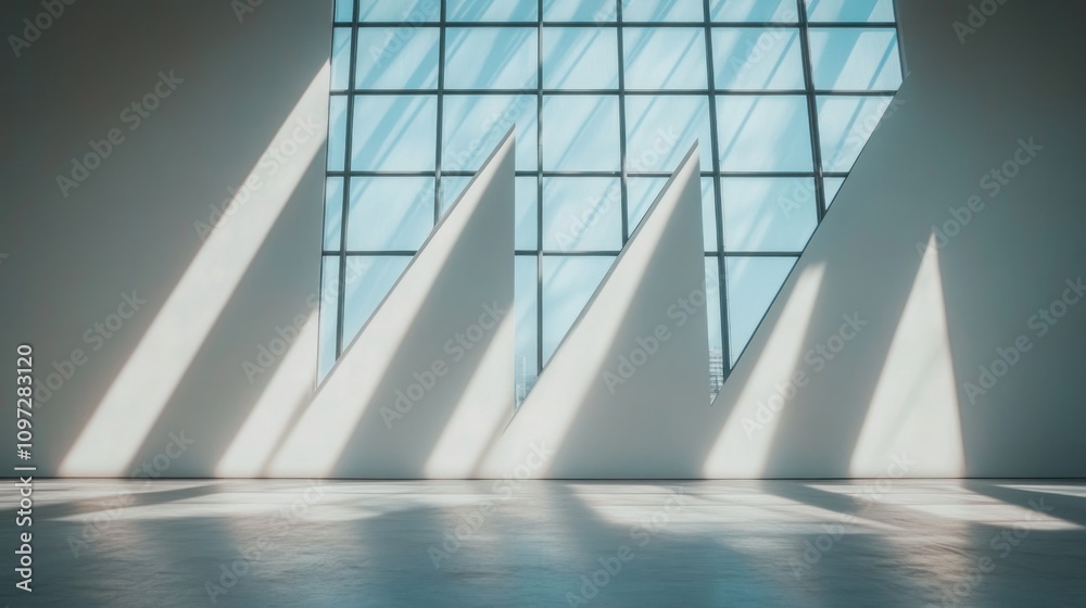 Aufkleber Sunlight streams through a large window casting triangular shadows onto a white wall and concrete floor.