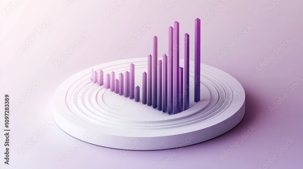 Poster 3D rendering of a pink and purple bar graph increasing on a white platform.
