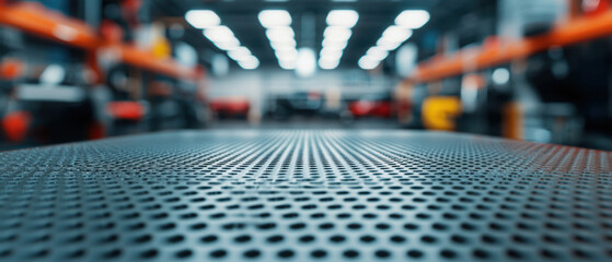 Equipment workshop background concept. A close-up view of a perforated metal surface, set against a blurred industrial background with bright lights and shelves.