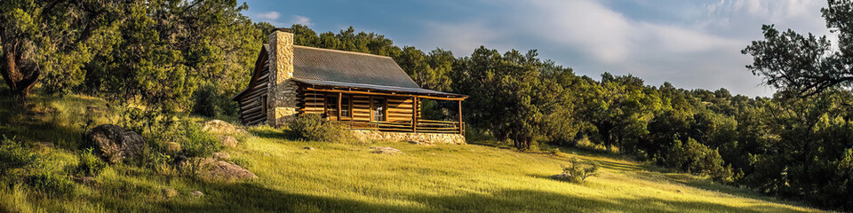 Obraz premium Hill Country Hideaway: A secluded log cabin nestled amongst the verdant hills of the Texas Hill Country.